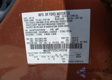 2018 Ford Ecosport Se z USA, uszkodzony, nr VIN MAJ3P1TE2JC249248